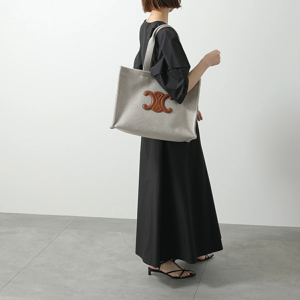 Celine Cabas Tote Bag Triomphe Leather Stripe Beige Cream